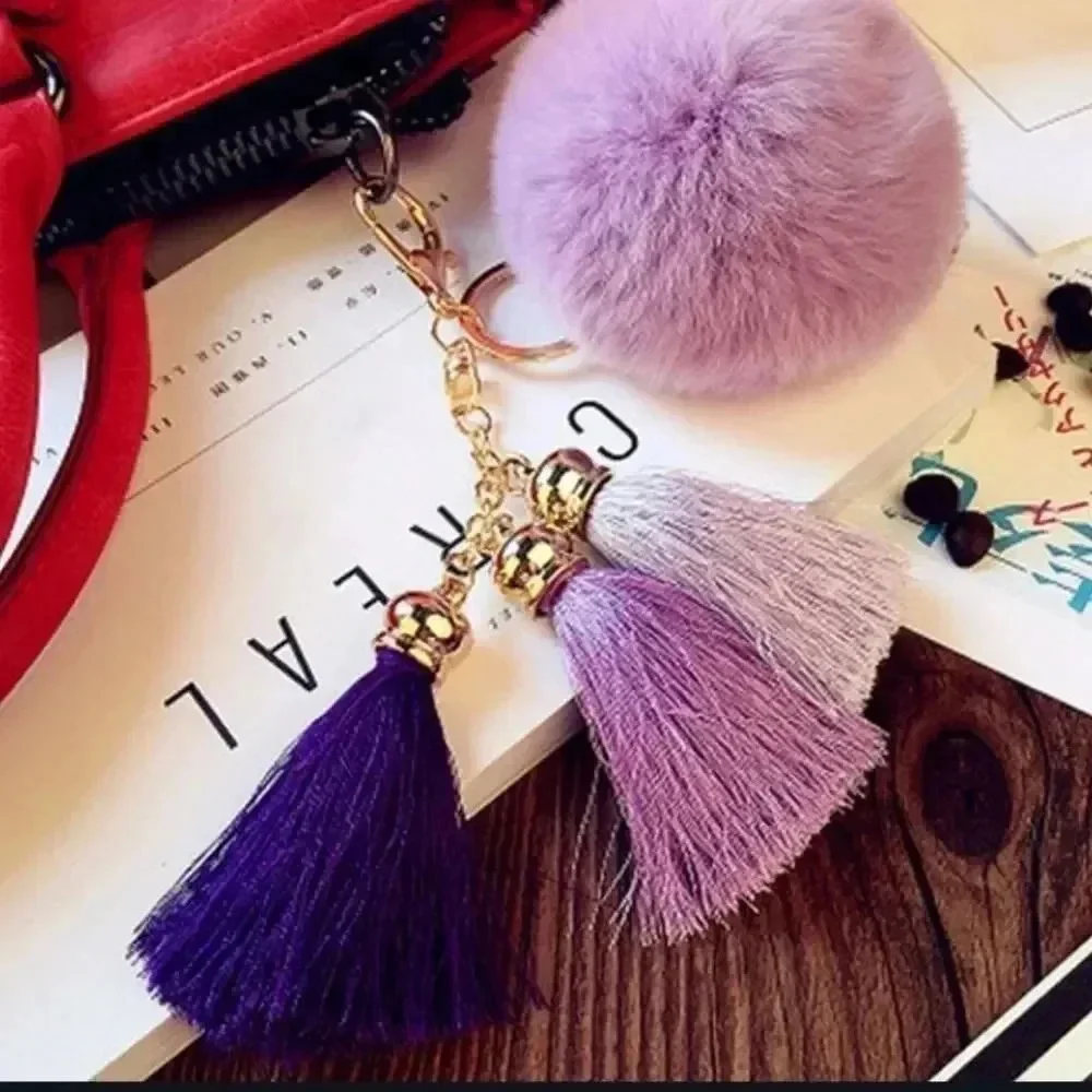 Multiple Colors Available - Fuzzy Fur Pom Pom Keychain Key with Tassels